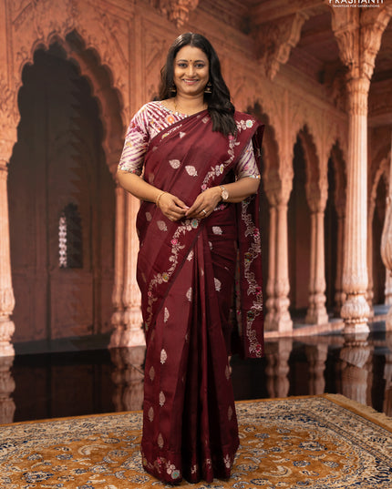 Maroon & Beige Poona Silk Saree - Shibori Blouse