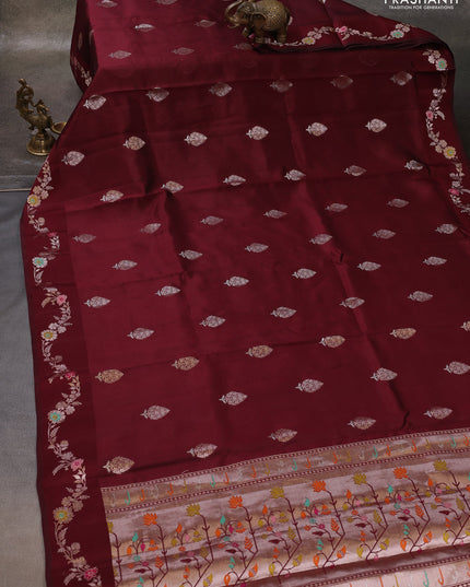 Maroon & Beige Poona Silk Saree - Shibori Blouse