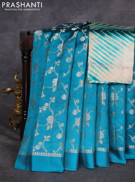 Teal Blue & Beige Poona Silk Saree - Shibori Blouse