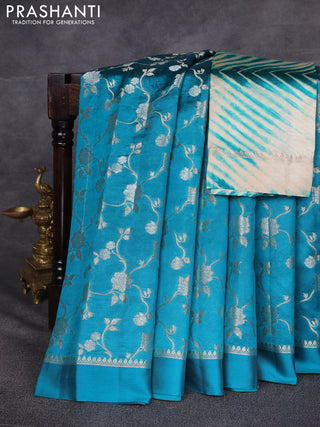 Teal Blue & Beige Poona Silk Saree - Shibori Blouse