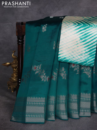 Teal Green & Beige Poona Silk Saree - Shibori Blouse