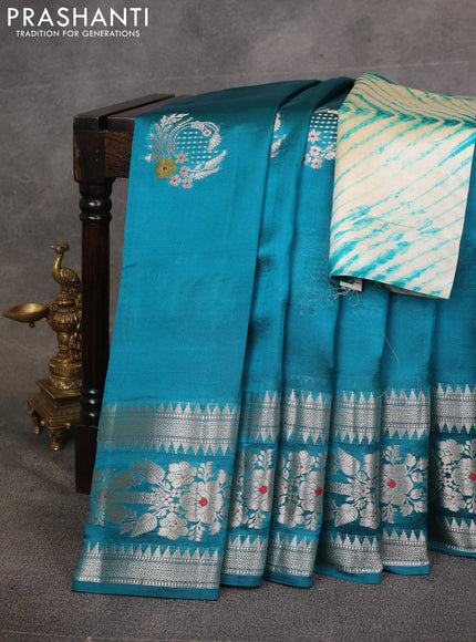 Peacock Green & Beige Poona Silk Saree - Shibori Blouse