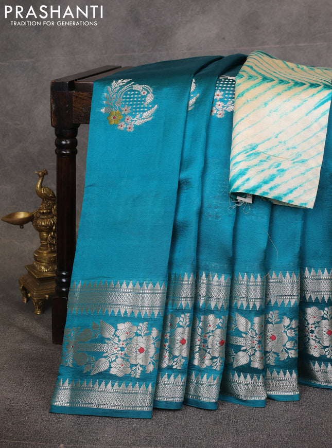 Peacock Green & Beige Poona Silk Saree - Shibori Blouse