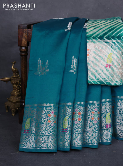 Teal Green & Beige Poona Silk Saree - Shibori Blouse