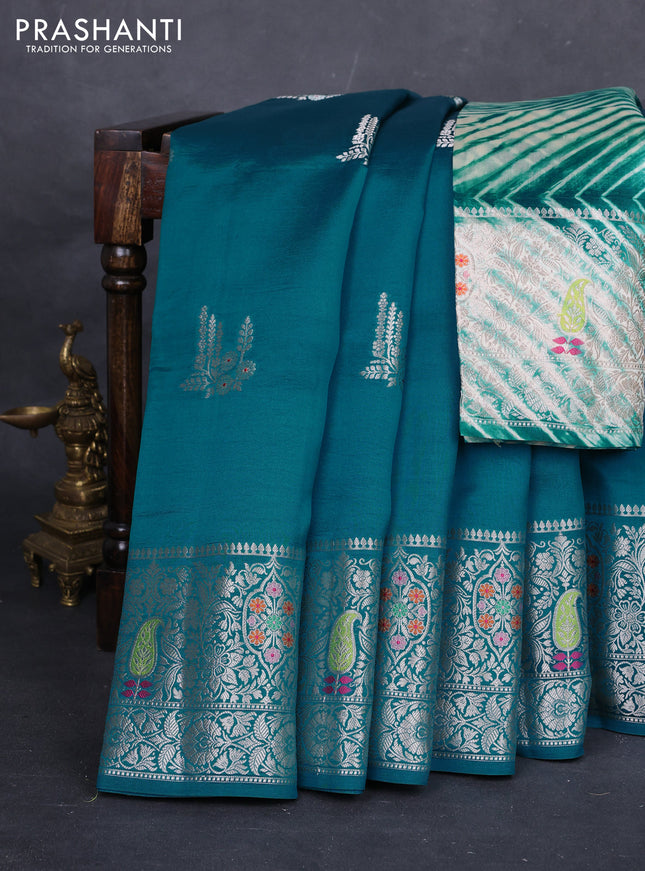 Teal Green & Beige Poona Silk Saree - Shibori Blouse