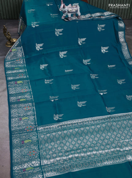 Teal Green & Beige Poona Silk Saree - Shibori Blouse