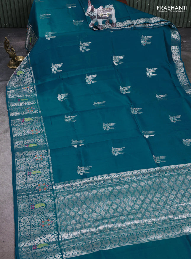 Teal Green & Beige Poona Silk Saree - Shibori Blouse