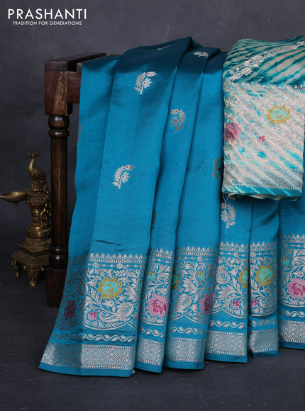 Teal Blue & Beige Poona Silk Saree - Shibori Blouse