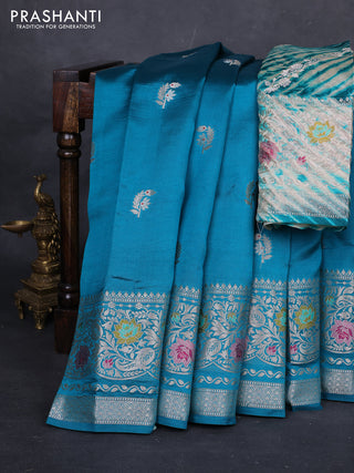 Teal Blue & Beige Poona Silk Saree - Shibori Blouse
