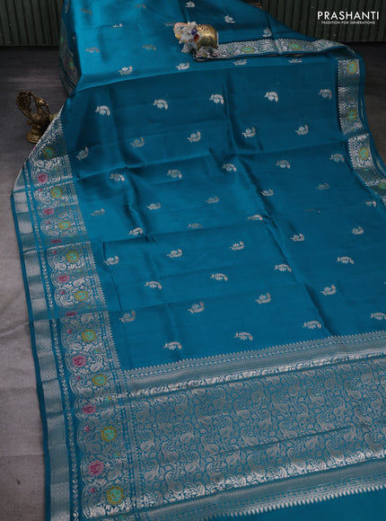 Teal Blue & Beige Poona Silk Saree - Shibori Blouse