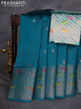 Teal Green & Beige Poona Silk Saree - Shibori Blouse