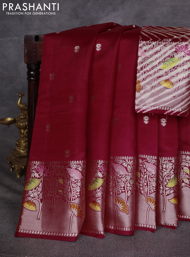 Maroon & Beige Poona Silk Saree - Shibori Blouse