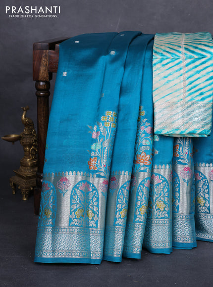 Teal Blue & Beige Poona Silk Saree - Shibori Blouse