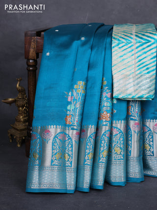 Teal Blue & Beige Poona Silk Saree - Shibori Blouse
