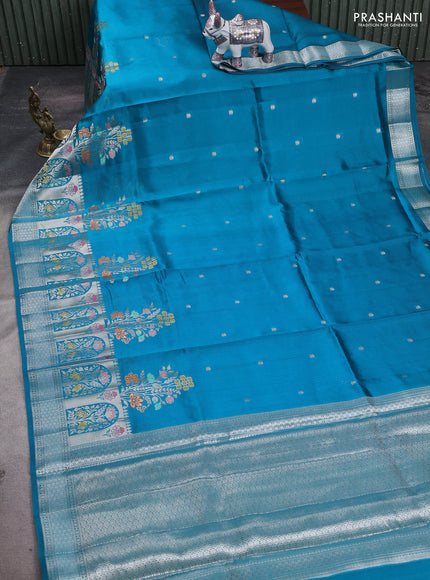 Teal Blue & Beige Poona Silk Saree - Shibori Blouse