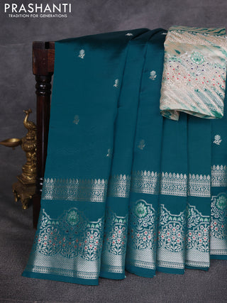 Teal Blue & Beige Poona Silk Saree - Shibori Blouse