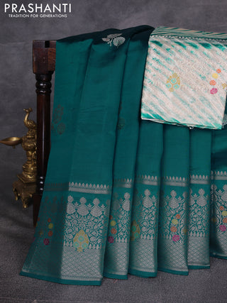 Teal Blue & Beige Poona Silk Saree - Shibori Blouse