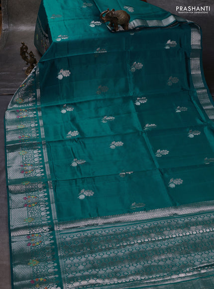 Teal Blue & Beige Poona Silk Saree - Shibori Blouse