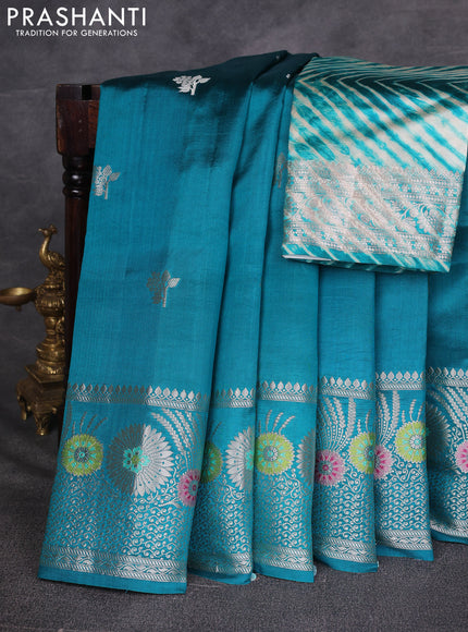 Teal Blue & Beige Poona Silk Saree - Shibori Blouse