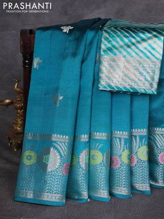 Teal Blue & Beige Poona Silk Saree - Shibori Blouse