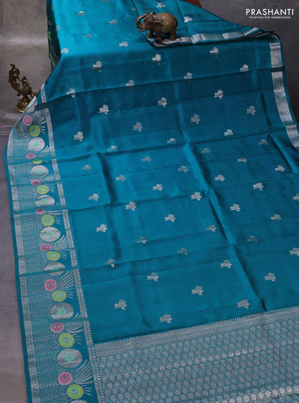 Teal Blue & Beige Poona Silk Saree - Shibori Blouse