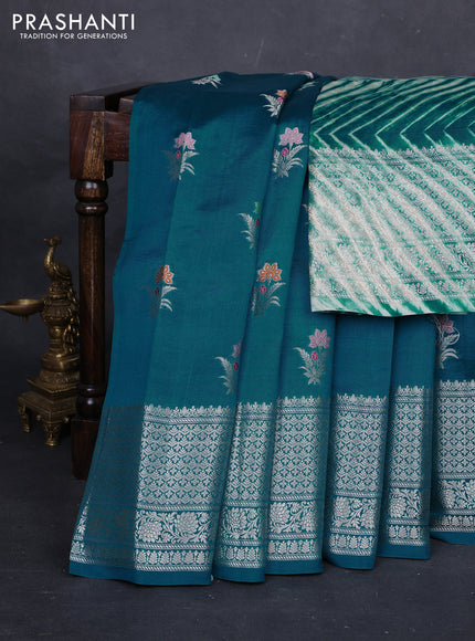 Teal Blue & Beige Poona Silk Saree - Shibori Blouse
