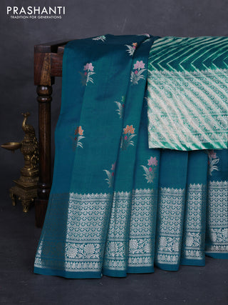Teal Blue & Beige Poona Silk Saree - Shibori Blouse