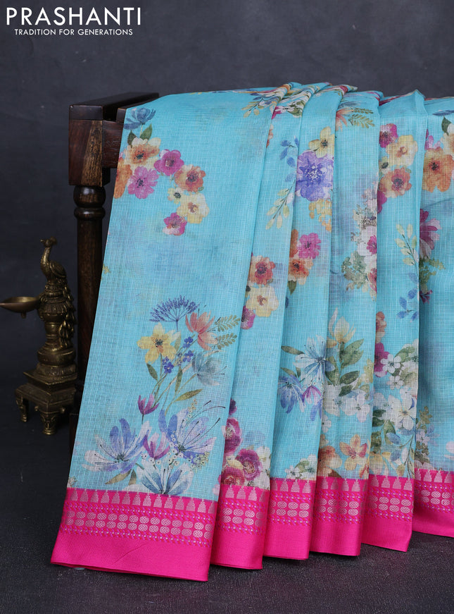 CS Blue & Pink  Kota Silk Cotton Saree - Floral Prints