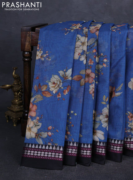 Blue & Black  Kota Silk Cotton Saree - Floral Prints
