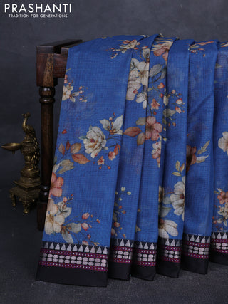 Blue & Black  Kota Silk Cotton Saree - Floral Prints