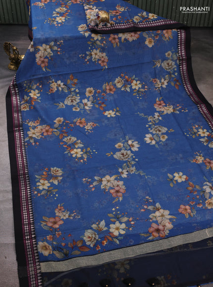 Blue & Black  Kota Silk Cotton Saree - Floral Prints