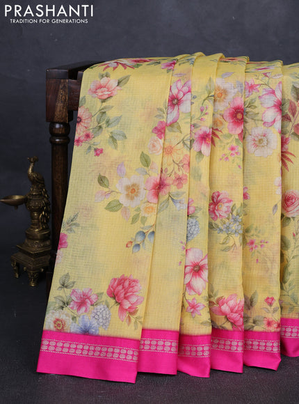 Pale Yellow & Pink Kota Silk Cotton Saree - Floral Prints