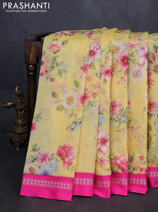 Pale Yellow & Pink Kota Silk Cotton Saree - Floral Prints