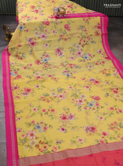 Pale Yellow & Pink Kota Silk Cotton Saree - Floral Prints