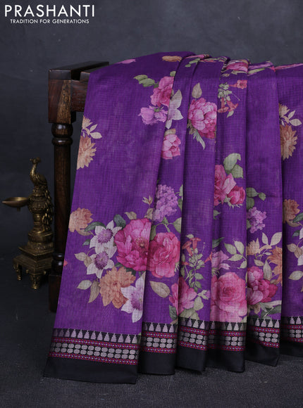 Purple & Black  Kota Silk Cotton Saree - Floral Prints