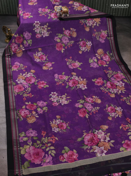 Purple & Black  Kota Silk Cotton Saree - Floral Prints