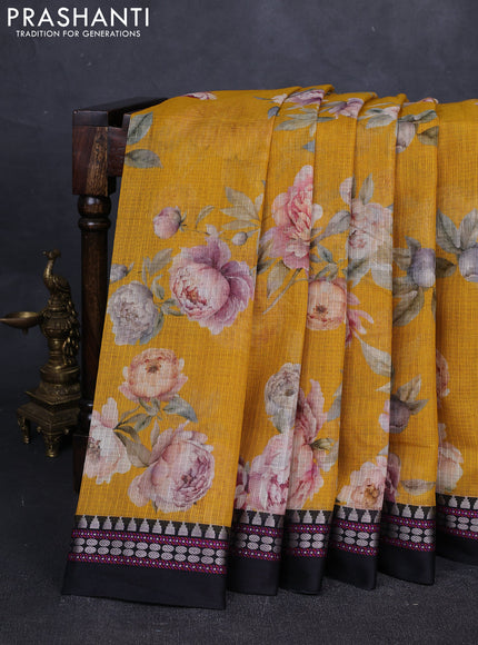 Yellow &  Black Kota Silk Cotton Saree - Floral Prints