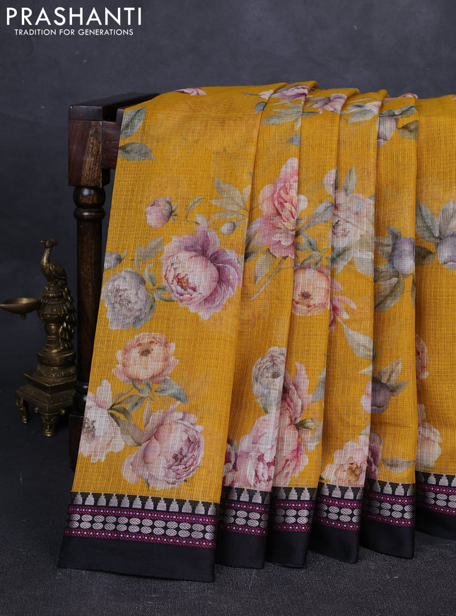 Yellow &  Black Kota Silk Cotton Saree - Floral Prints
