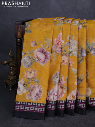 Yellow &  Black Kota Silk Cotton Saree - Floral Prints