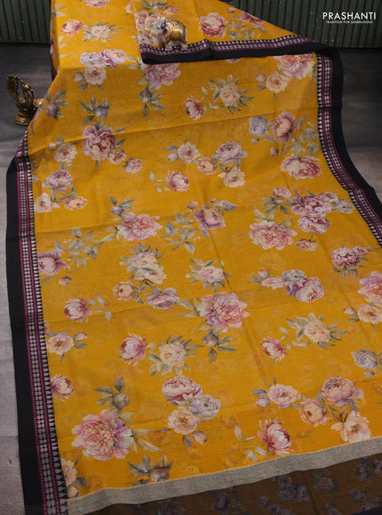 Yellow &  Black Kota Silk Cotton Saree - Floral Prints