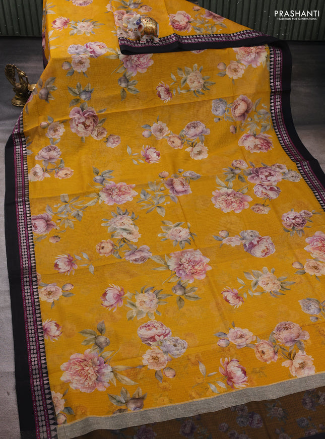 Yellow &  Black Kota Silk Cotton Saree - Floral Prints