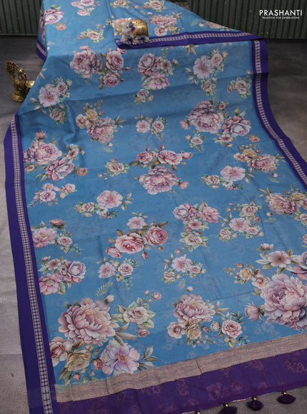 Blue  Kota Silk Cotton Saree - Floral Prints
