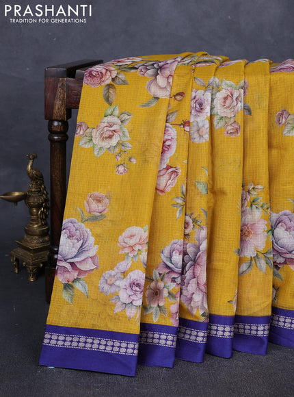 Yellow & Blue  Kota Silk Cotton Saree - Floral Prints