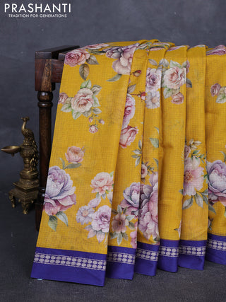 Yellow & Blue  Kota Silk Cotton Saree - Floral Prints