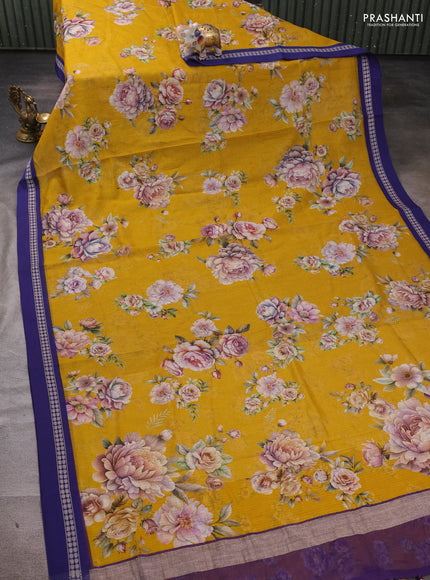 Yellow & Blue  Kota Silk Cotton Saree - Floral Prints
