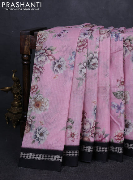 Pink & black  Kota Silk Cotton Saree - Floral Prints