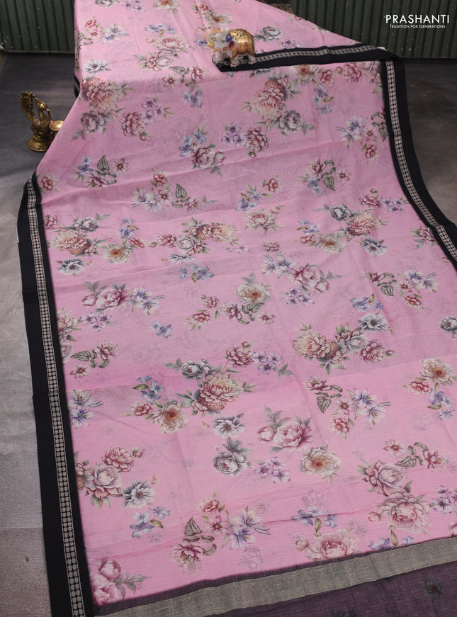Pink & black  Kota Silk Cotton Saree - Floral Prints