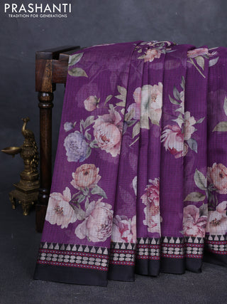 Purle & Black  Kota Silk Cotton Saree - Floral Prints