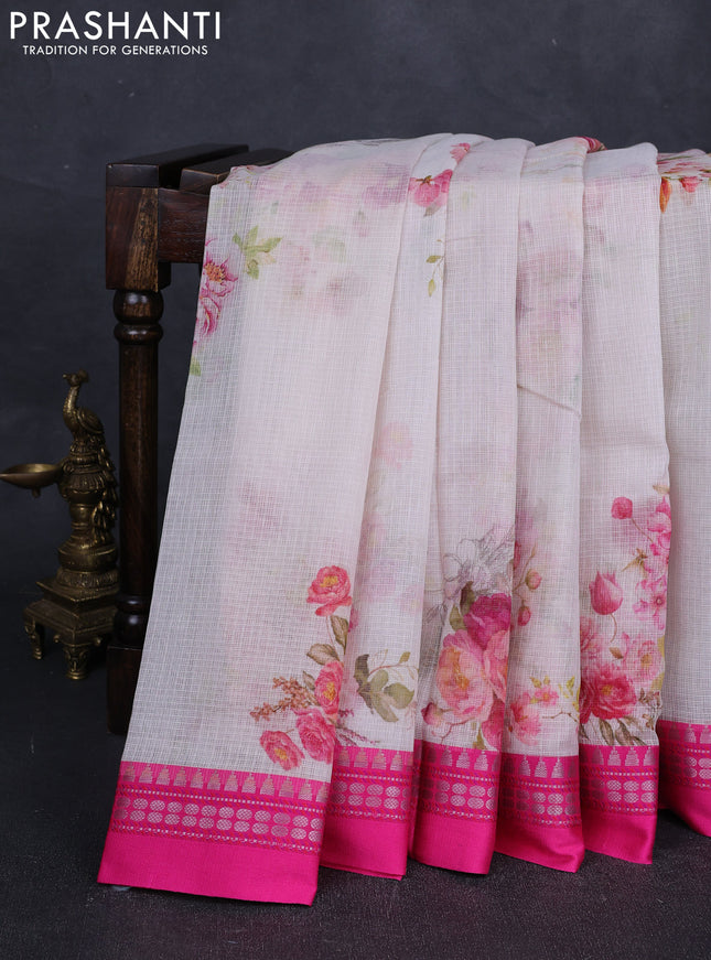 Off White & Pink  Kota Silk Cotton Saree - Floral Prints