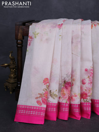 Off White & Pink  Kota Silk Cotton Saree - Floral Prints